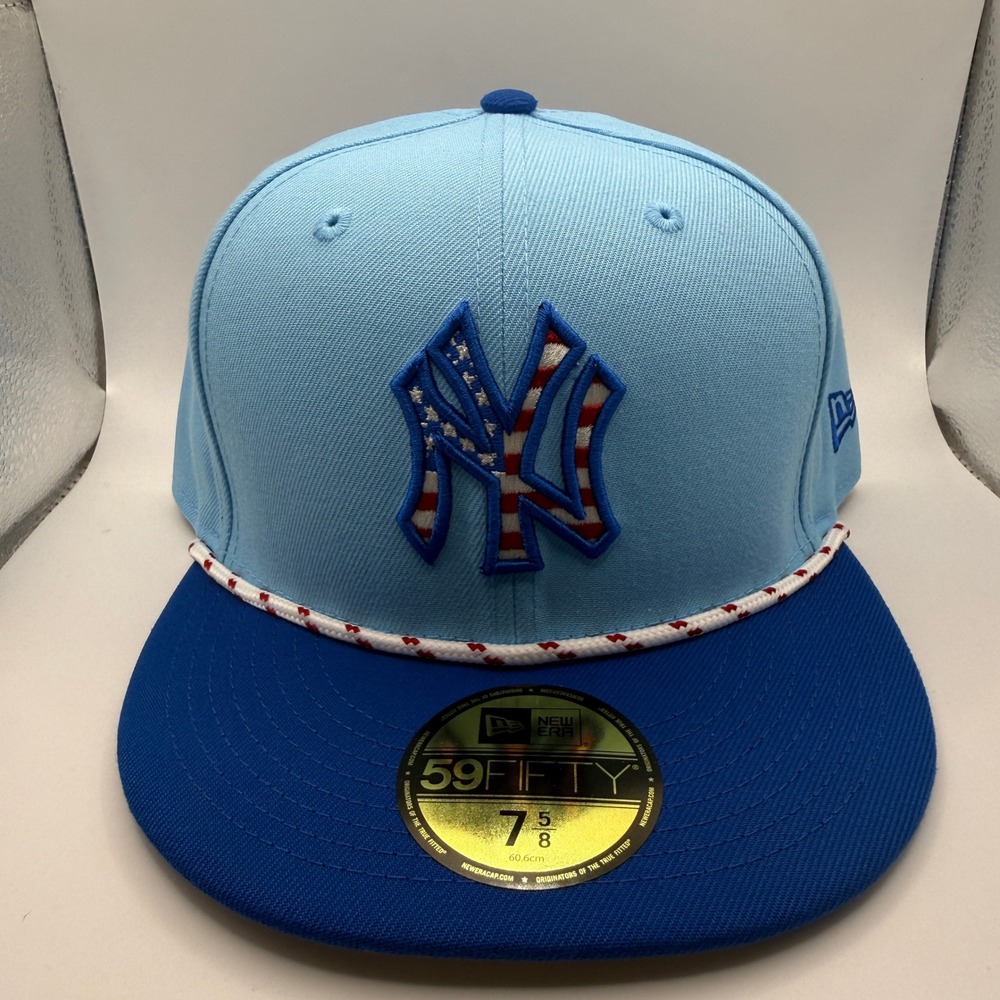 New Era 59FIFTY NY Yankees Hat 7 5/8 Light Blue July 4th Stars Stripes Rope